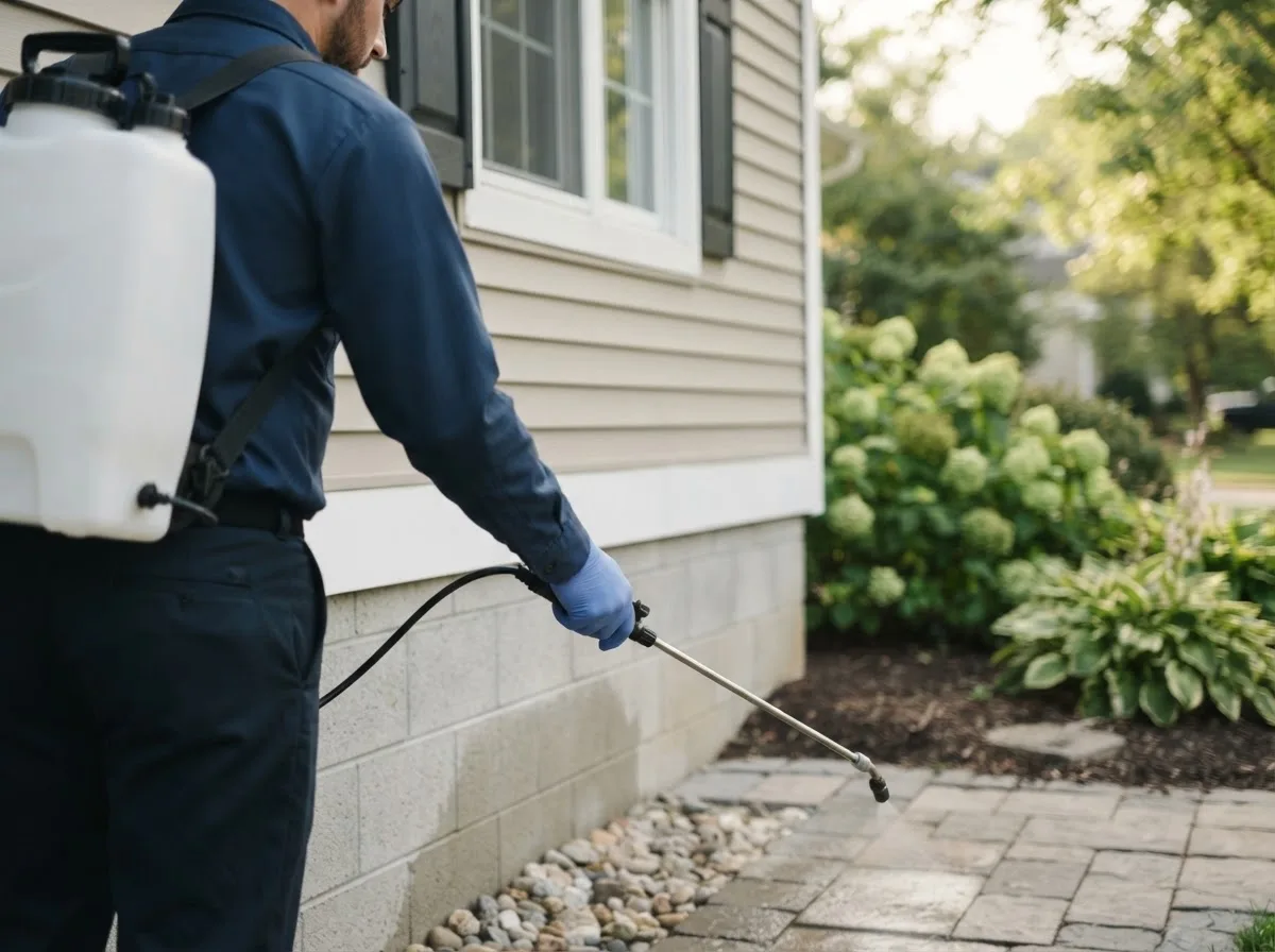 Pest control technician inspecting a home in Moseley, VA
